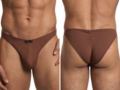 Xtremen brown bikini brief with a smooth fabric finish, featuring a front logo patch and a rear center seam.