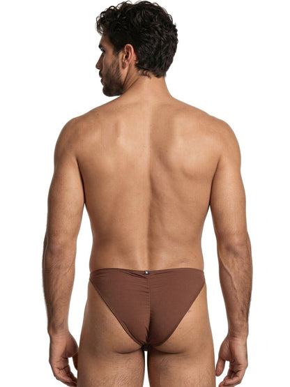 Xtremen brown bikini briefs on a man, showing a smooth fabric finish and a centered rear seam detail.