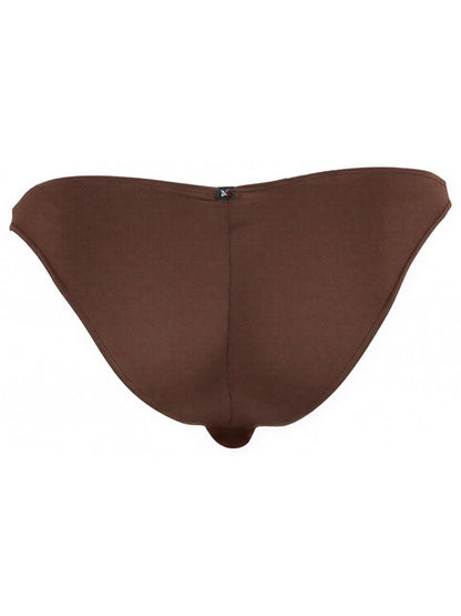 Xtremen brown bikini brief with a matte finish, seen from the back, featuring a small branded center tag.