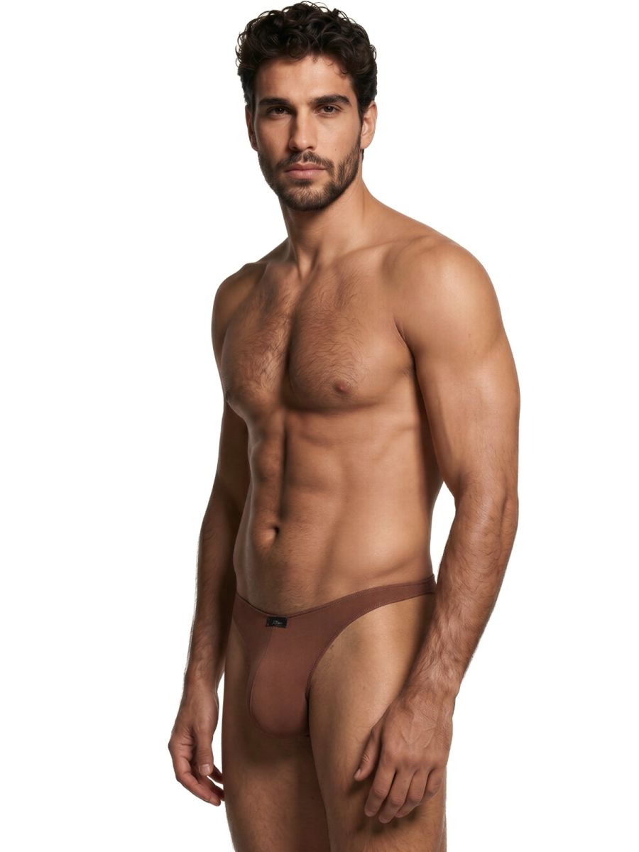Xtremen brown thong with a sleek, minimalist fit worn by a man.