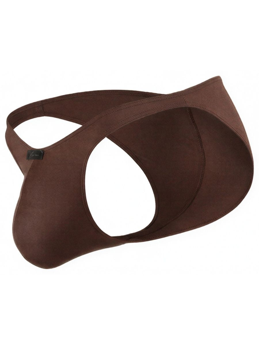 Xtremen brown thong with a cutout design and smooth, matte fabric finish.