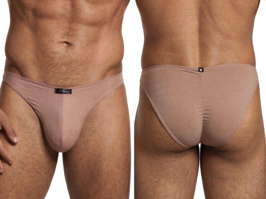 Xtremen tan bikini brief with a matte finish and branded logo tab, shown from front and back views.