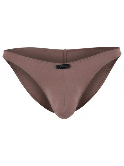 Xtremen brown bikini brief with a matte finish and a small branded black logo tab at the center front waistband.