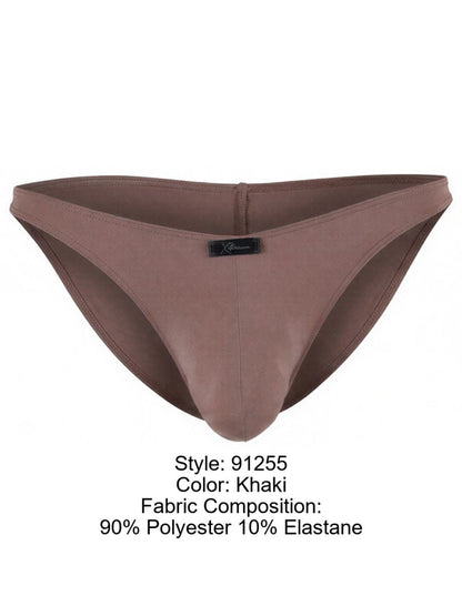 Xtremen khaki bikini brief in a smooth, matte fabric with a branded logo tab on the center front.