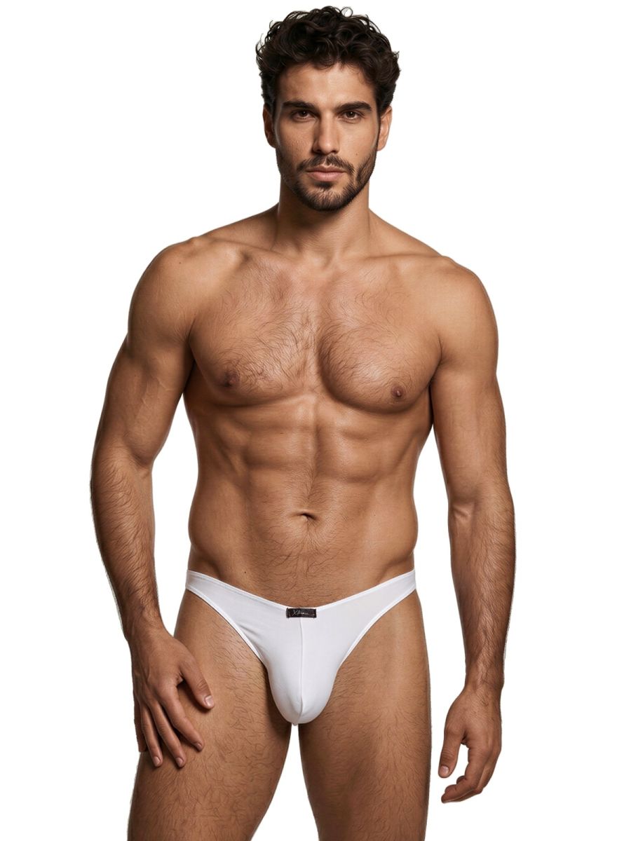 Xtremen white thong featuring a smooth, matte fabric and a small center brand logo tag.