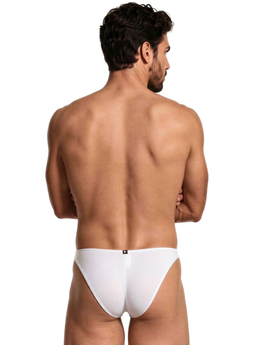 Xtremen men's white bikini brief with a small brand tag on the back center.