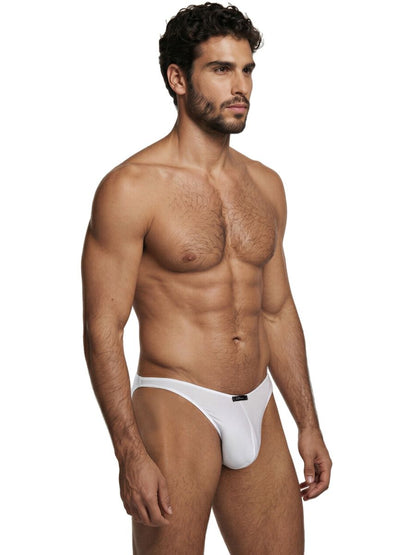 Xtremen white bikini brief with a smooth, fitted look and small branded logo tab at the center waistband.