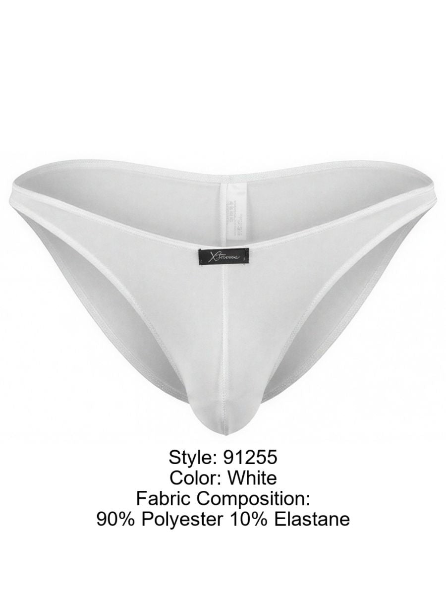 Xtremen white bikini brief with a sleek, minimalist fit and a small branded black logo tag centered on the front.