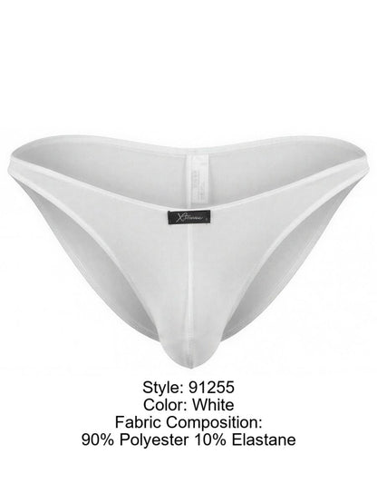 Xtremen white bikini brief with a sleek, minimalist fit and a small branded black logo tag centered on the front.
