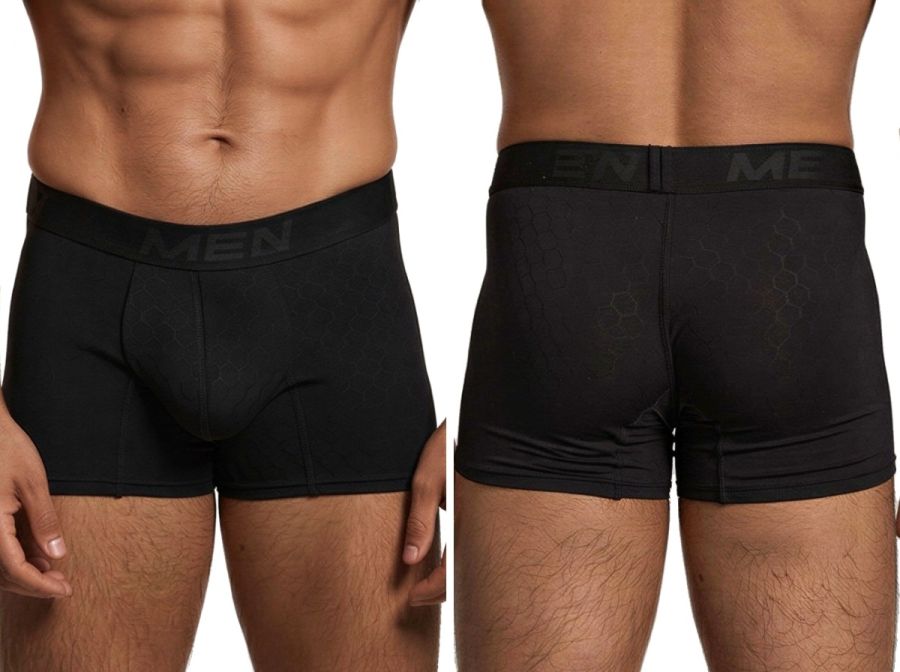 Xtremen black boxer briefs with a subtle honeycomb pattern and branded elastic waistband, shown from front and back.