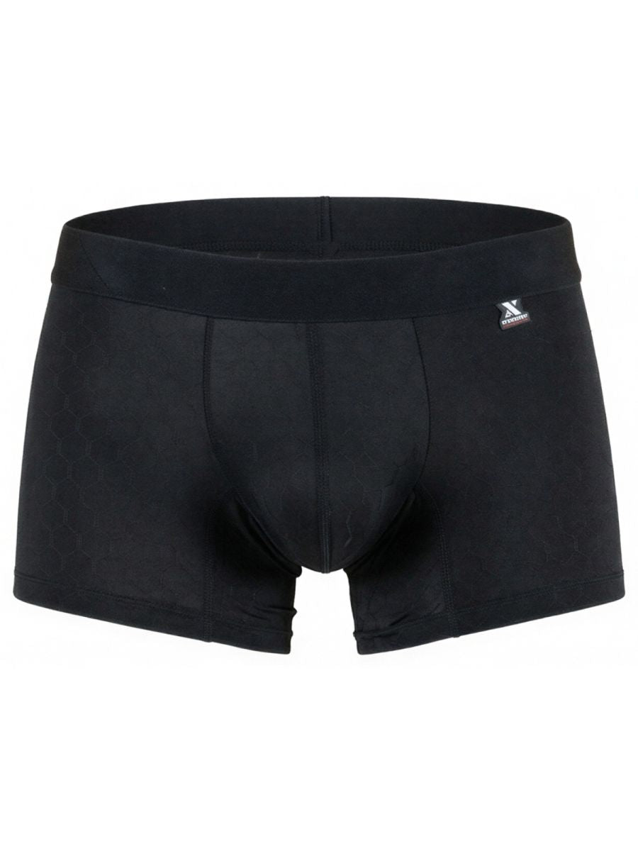 Xtremen black boxer briefs with a subtle honeycomb pattern and a branded logo patch on the waistband.