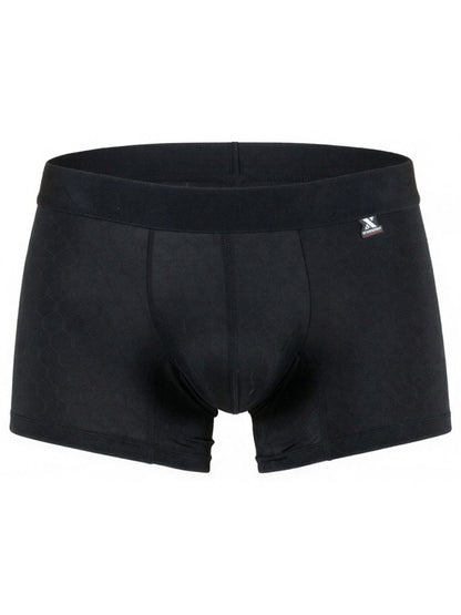 Xtremen black boxer briefs with a subtle honeycomb pattern and a branded logo patch on the waistband.