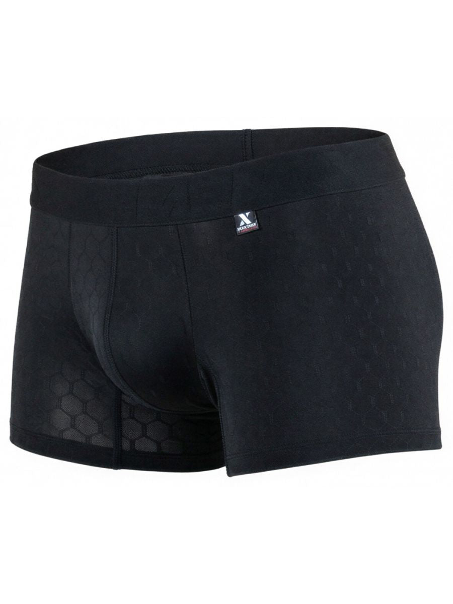 Xtremen black boxer briefs featuring a subtle tonal honeycomb pattern and a small brand logo tag on the waistband.