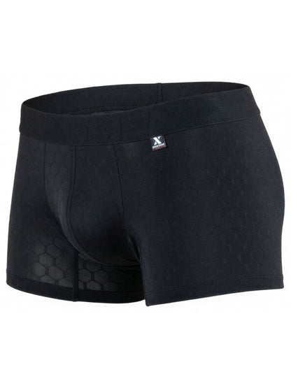 Xtremen black boxer briefs featuring a subtle tonal honeycomb pattern and a small brand logo tag on the waistband.