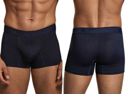 Xtremen navy boxer briefs with a subtle honeycomb pattern and a branded elastic waistband, shown front and back.
