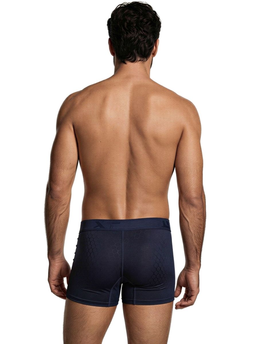Xtremen navy boxer brief with a subtle honeycomb pattern and branded elastic waistband, shown from the back.