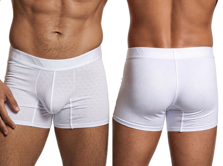 Xtremen white boxer briefs featuring a textured hexagonal pattern and a contoured pouch for a fitted look.