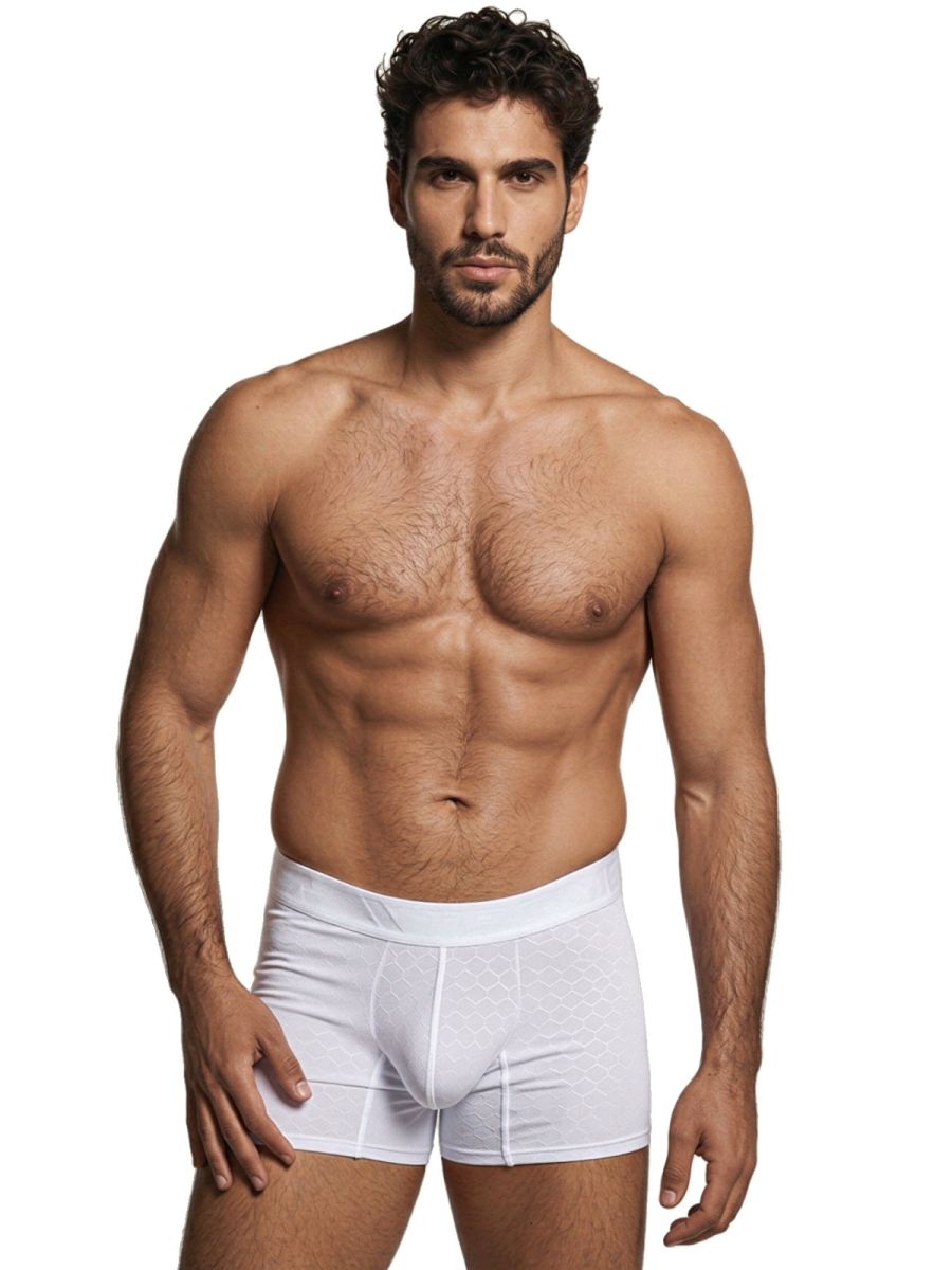 Xtremen white boxer brief with a textured honeycomb pattern, form-fitting design on a muscular model.