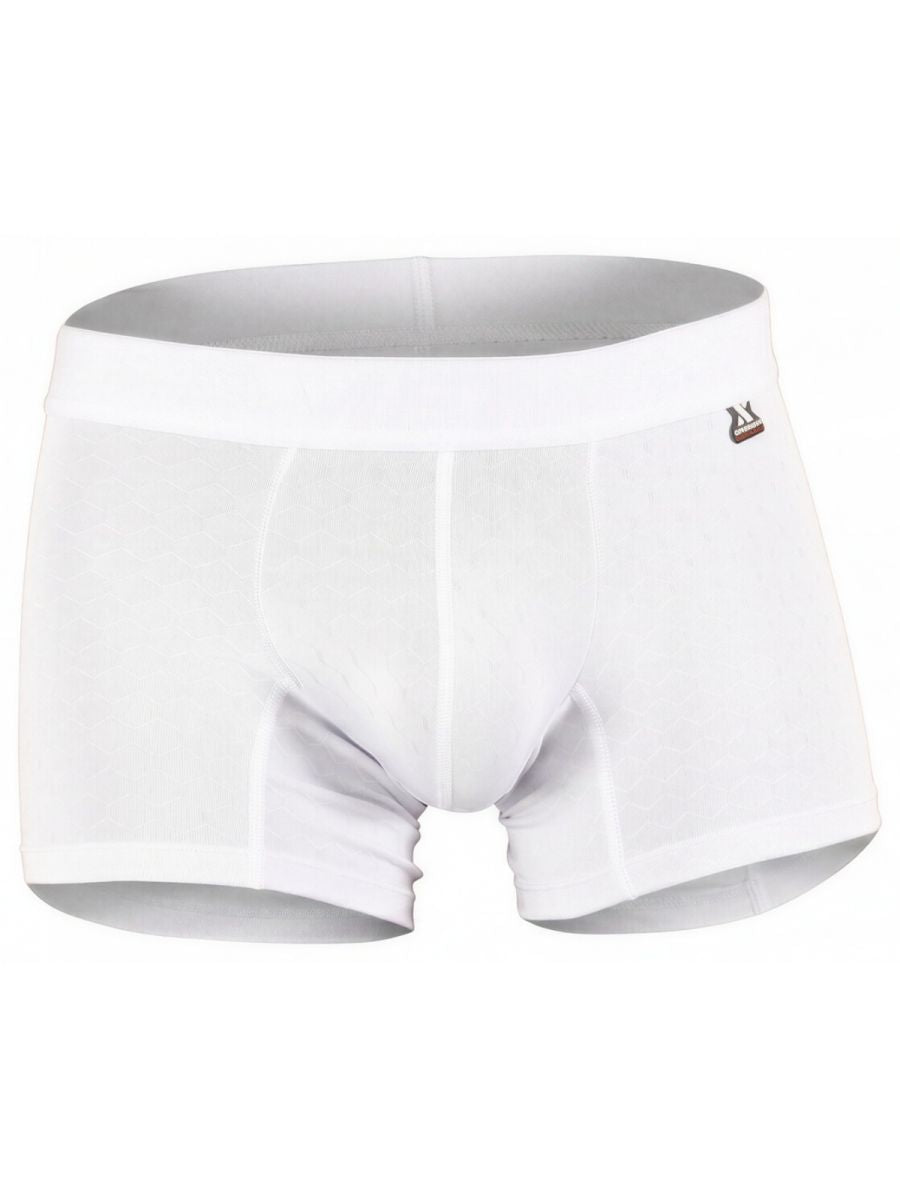 Xtremen white boxer briefs with a subtle geometric textured pattern and a logo patch on the waistband.