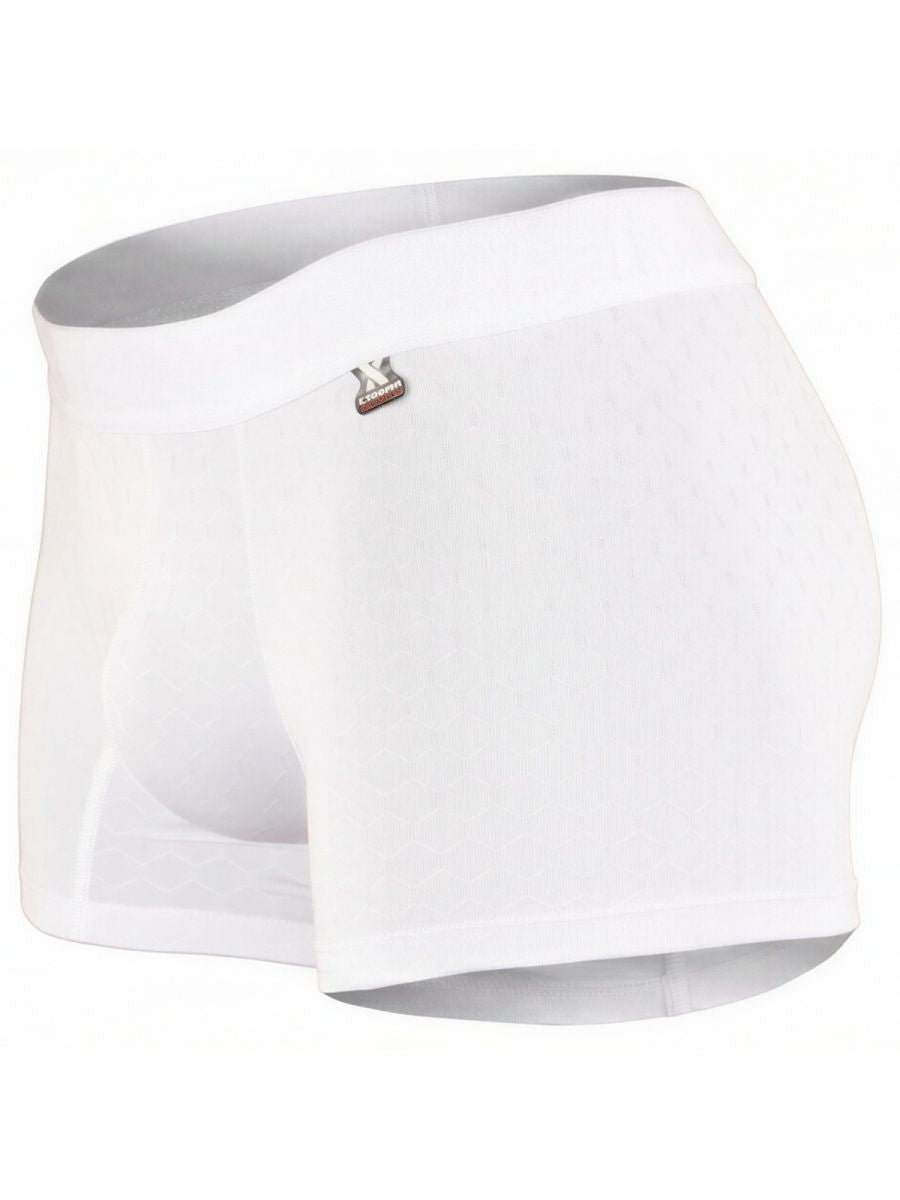 Xtremen white boxer brief with a subtle honeycomb-textured fabric and a branded logo tag on the waistband.