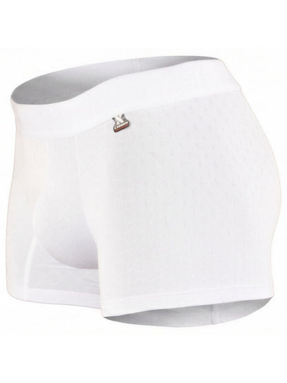 Xtremen white boxer brief with a subtle honeycomb-textured fabric and a branded logo tag on the waistband.