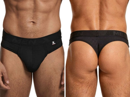 Xtremen black thong for men with a branded elastic waistband, featuring a fitted, textured fabric design.