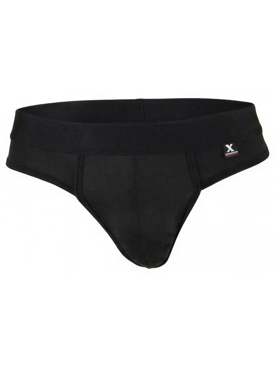 Xtremen men's black thong with a wide waistband, matte fabric, and a small brand logo tag.