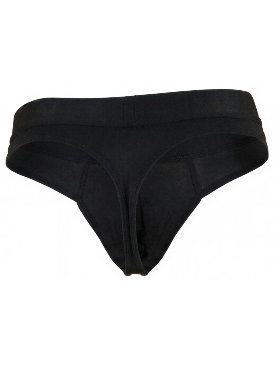 Xtremen black thong for men with a wide, matte fabric waistband and stitch detailing.