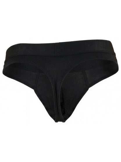 Xtremen black thong for men with a wide, matte fabric waistband and stitch detailing.
