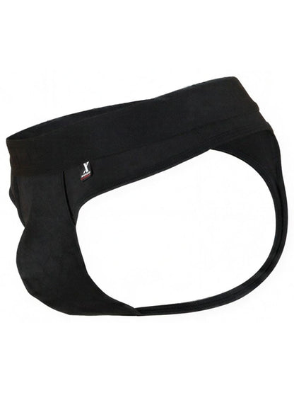 Xtremen black thong featuring a matte finish, thick waistband, and small brand logo tab.