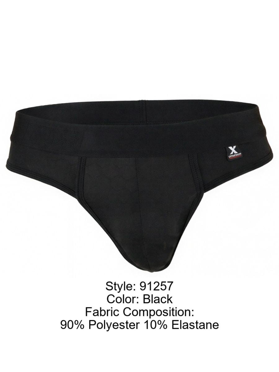 Xtremen black thong with a wide waistband, textured fabric, and a small brand logo tag on the side.
