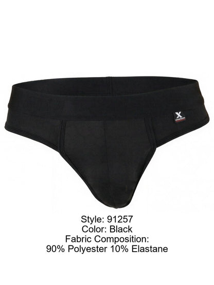 Xtremen black thong with a wide waistband, textured fabric, and a small brand logo tag on the side.