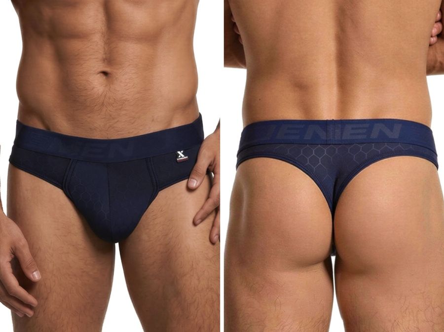 Xtremen navy thong with a hexagonal pattern, featuring a branded waistband and a form-fitting, sleek fabric finish.