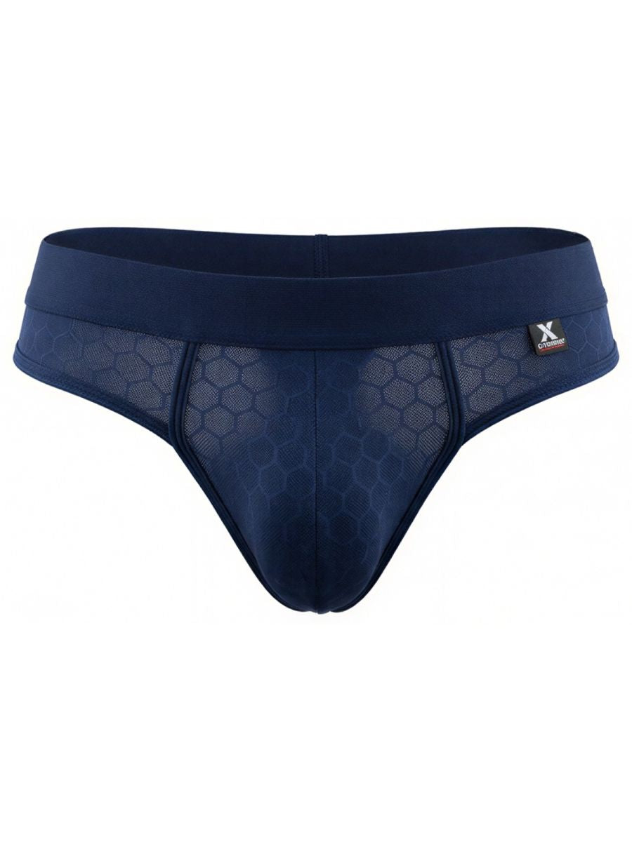 Xtremen navy blue bikini brief with a textured honeycomb mesh pattern and a thick elastic waistband.
