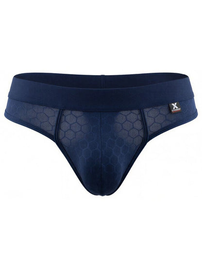 Xtremen navy blue bikini brief with a textured honeycomb mesh pattern and a thick elastic waistband.