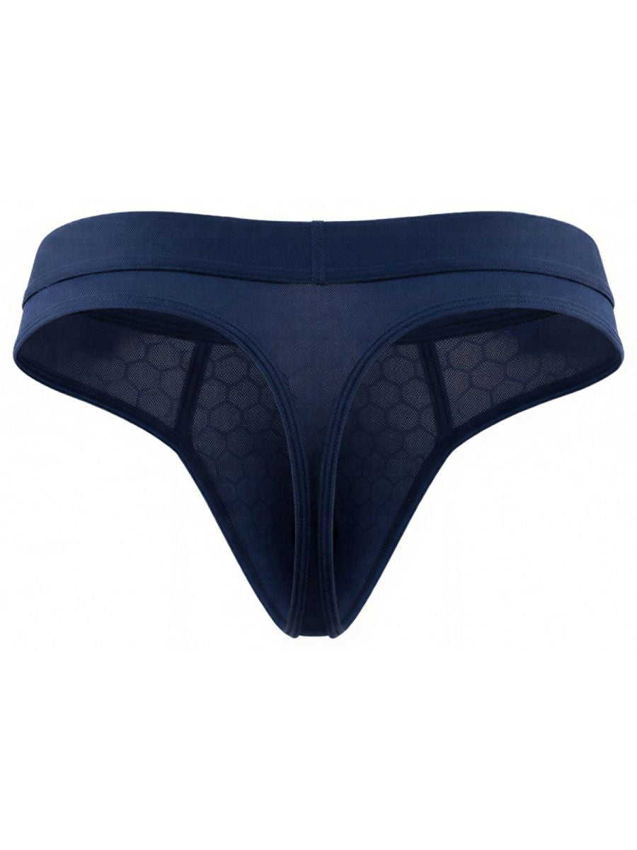 Xtremen navy blue thong featuring a textured honeycomb mesh fabric pattern.