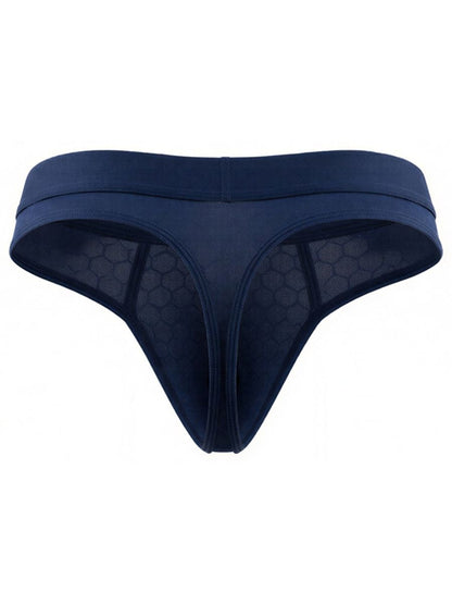 Xtremen navy blue thong featuring a textured honeycomb mesh fabric pattern.