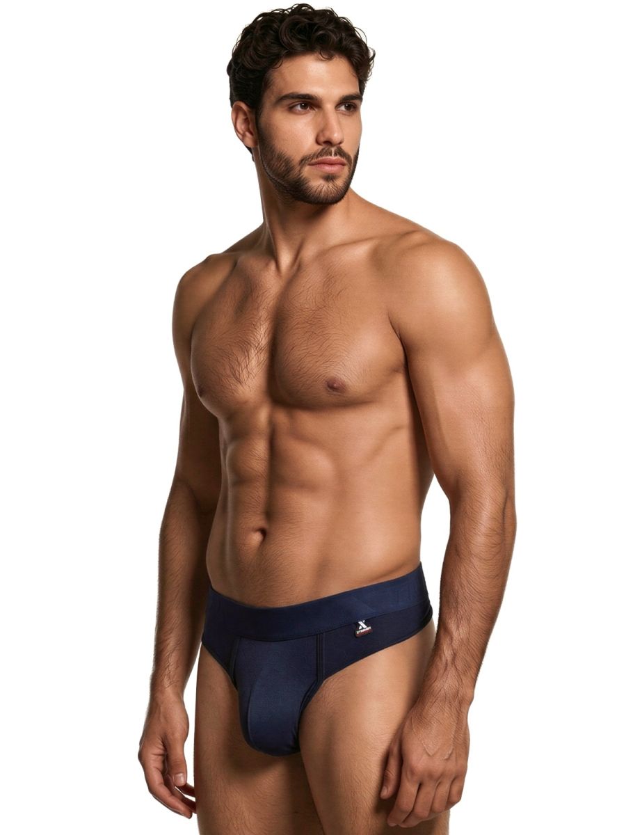 Xtremen men's navy blue thong with a soft sheen, featuring a branded elastic waistband and contoured front pouch.