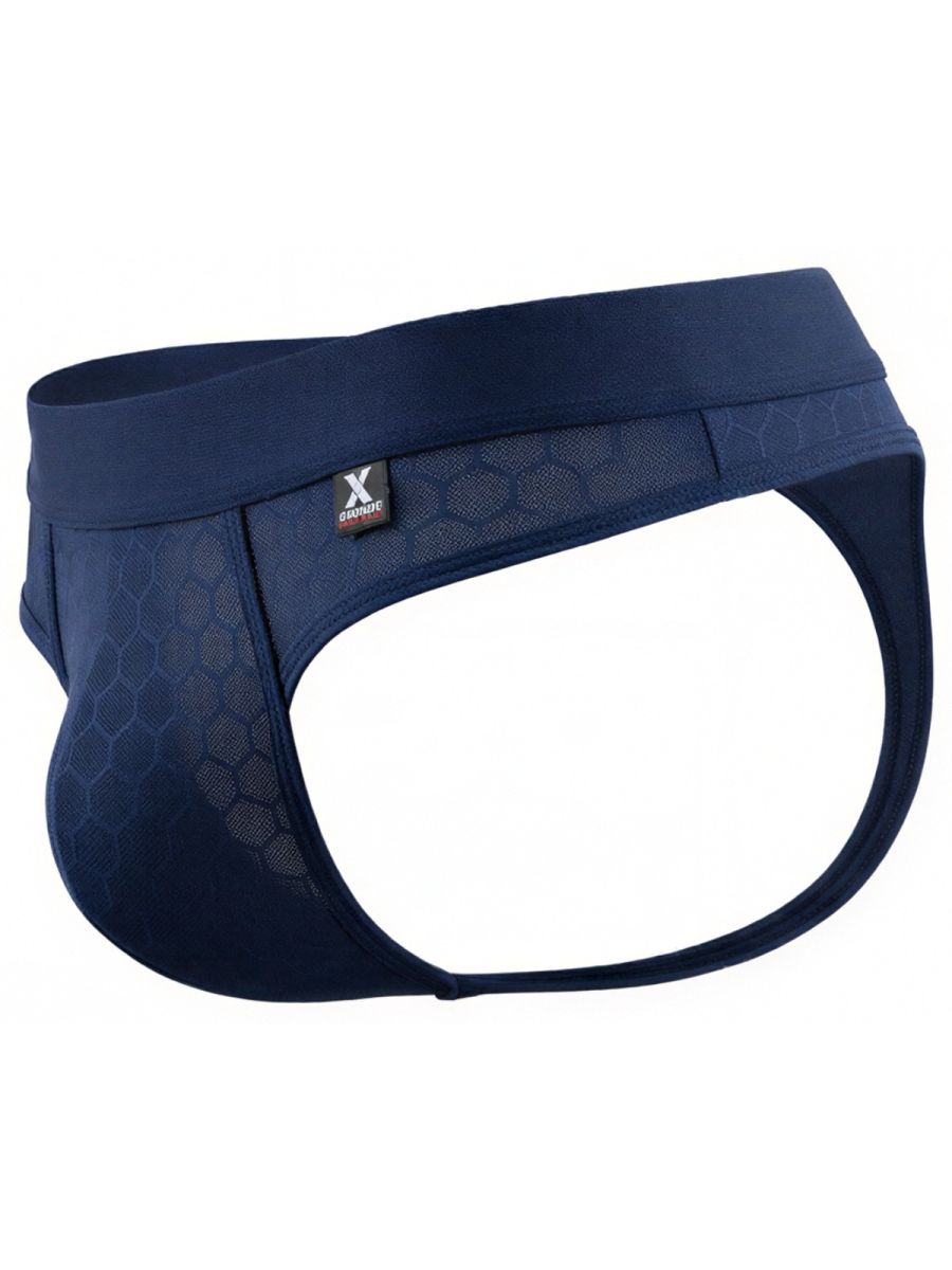 Xtremen navy blue thong with a honeycomb-textured fabric, wide waistband, and branded tag.
