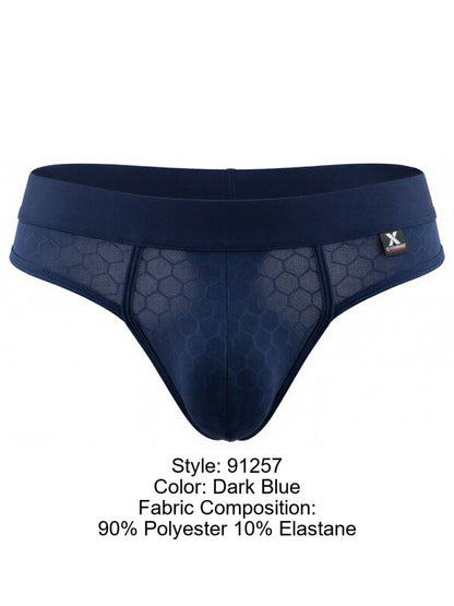 Xtremen dark blue bikini brief featuring a semi-sheer honeycomb mesh pattern and an elastic waistband with brand logo.
