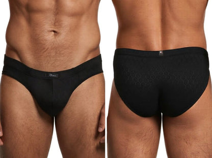 Xtremen men's black brief with a subtle honeycomb pattern texture and branded waistband. Front and back view.
