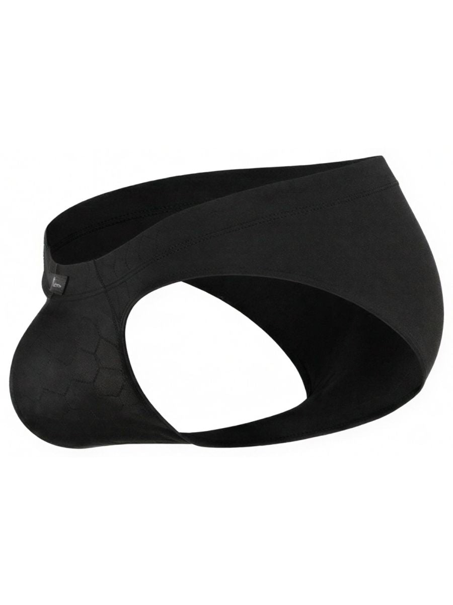 Xtremen black thong featuring a contoured pouch with a subtle hexagonal pattern and minimal side coverage.