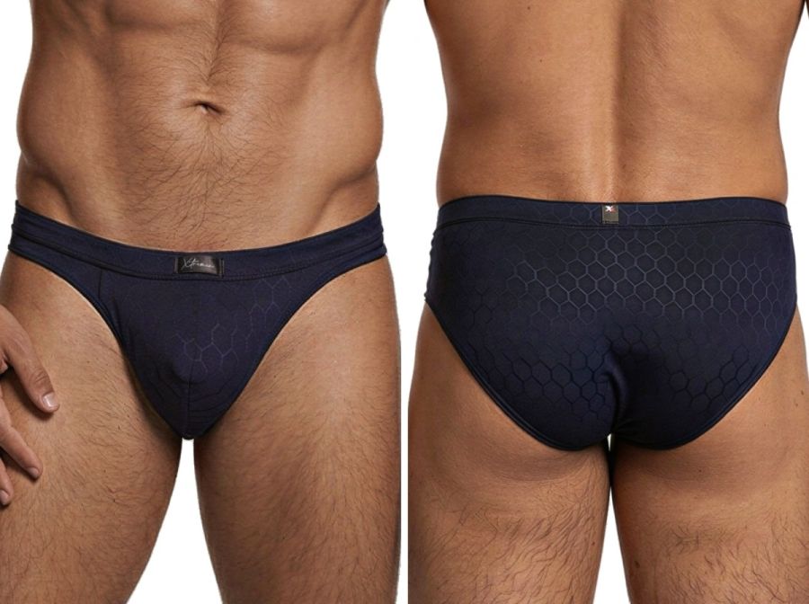 Xtremen navy bikini briefs with a subtle hexagonal pattern and form-fitting silhouette shown from front and back.