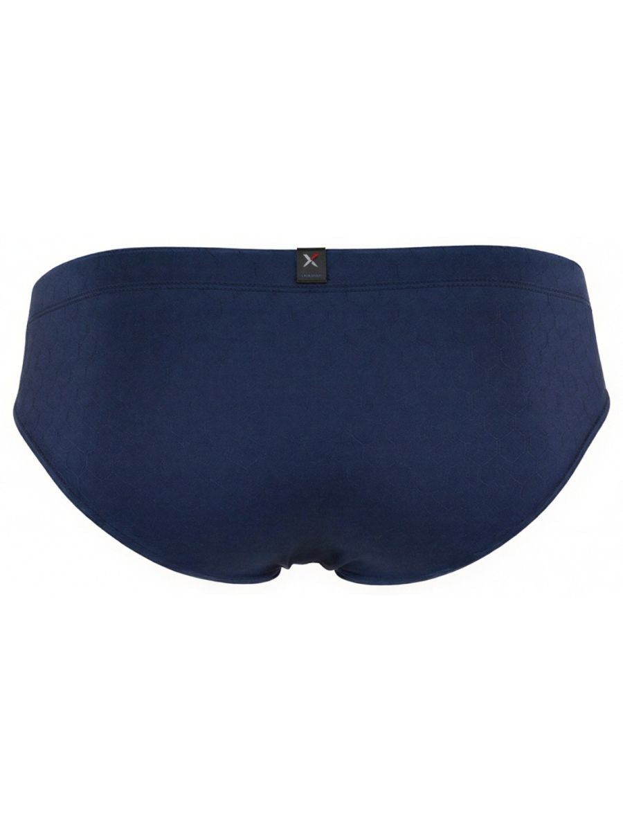 Xtremen navy blue bikini brief with a textured honeycomb pattern and back center brand logo tab.