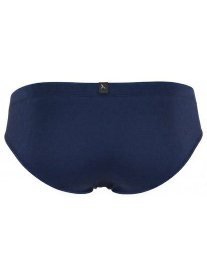 Xtremen navy blue bikini brief with a textured honeycomb pattern and back center brand logo tab.