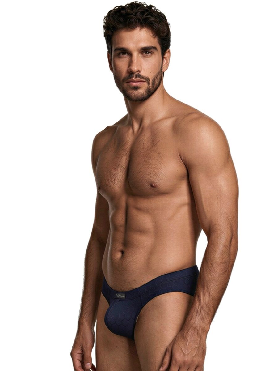 Xtremen navy blue bikini brief with a subtle honeycomb pattern and a form-fitting, sleek design.