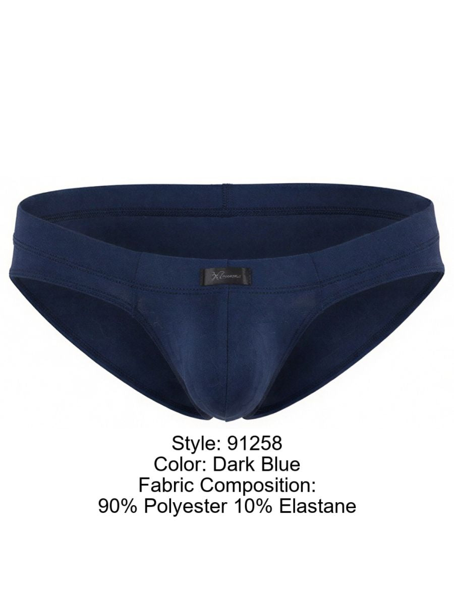 Xtremen dark blue bikini brief with a smooth, matte finish and branded center front tab.