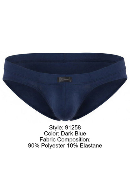 Xtremen dark blue bikini brief with a smooth, matte finish and branded center front tab.