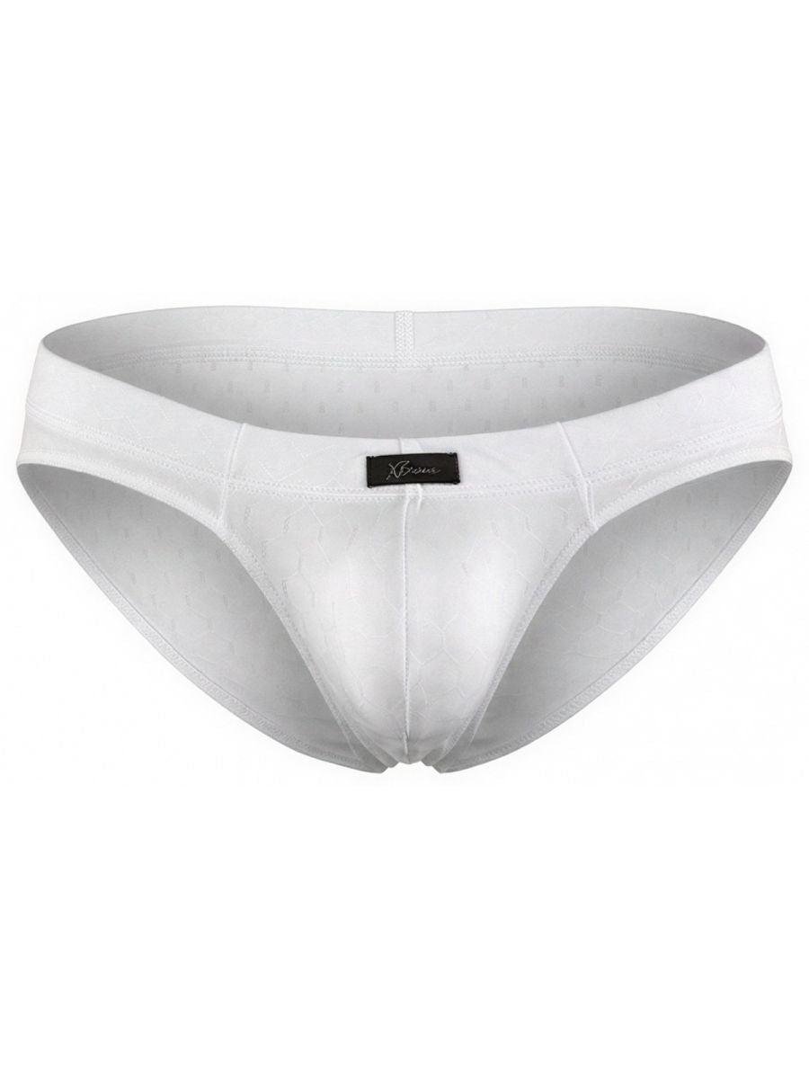 White Xtremen bikini brief with a textured, subtle hexagonal pattern and a centered black branded label.