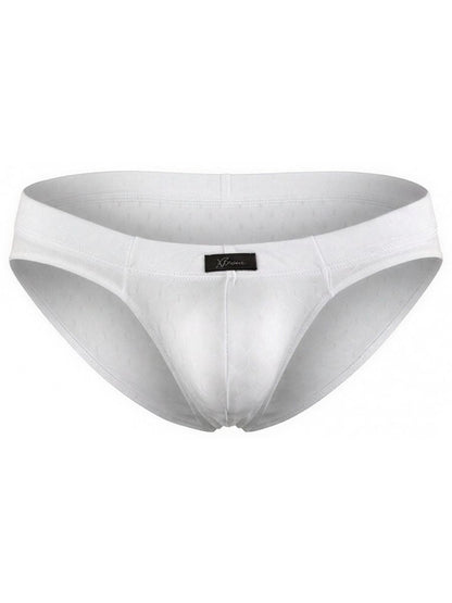 White Xtremen bikini brief with a textured, subtle hexagonal pattern and a centered black branded label.